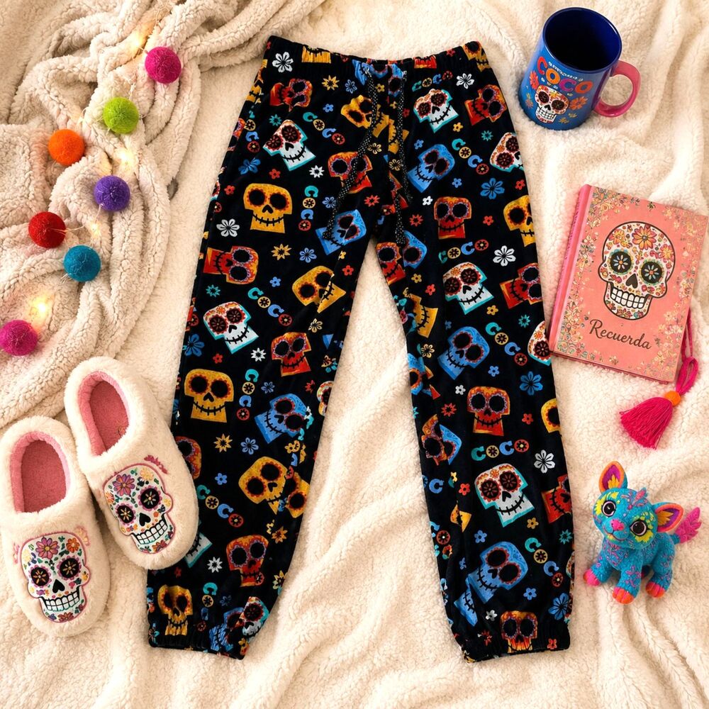 Disney Pixar Coco Fleece Pajama Pants Kids 8/10 Sugar Skull Black Joggers
